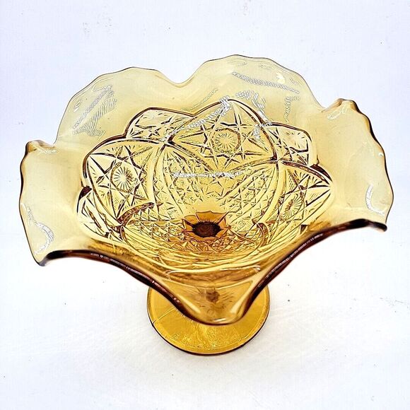 Imperial Glass Hobstar Amber Compote Pedestal Compote  Ruffled Bowl Candy Dish - Picture 6 of 7